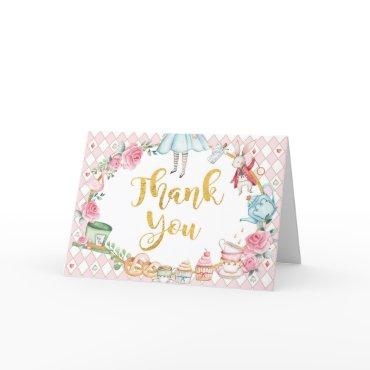 Alice in Wonderland Pink Gold Birthday Tea Party Thank You Card