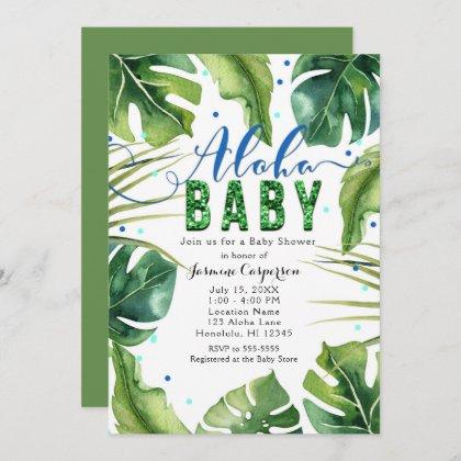 ALOHA BABY Shower Tropical Leaves Blue Green Invitation