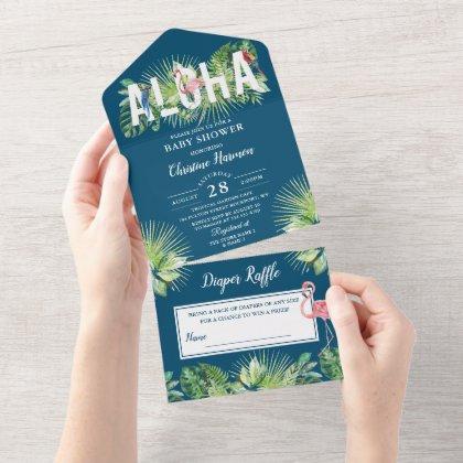 Aloha Flamingo Baby Shower Diaper Raffle Blue  All In One Invitation