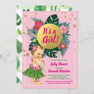 Aloha luau baby girl shower invitation pink gold