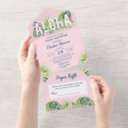 Aloha Pink Tropical Girl Baby Shower Diaper Raffle All In One Invitation