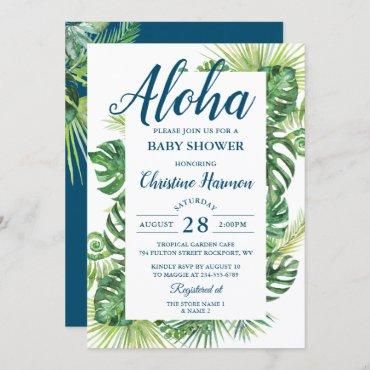 Aloha Tropical Greenery Blue Baby Shower Invitation