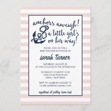 Anchors Aweigh! Nautical Pink Girl Baby Shower Invitation