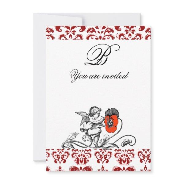 ANGEL PAINTING A RED FLOWER DAMASK MONOGRAM