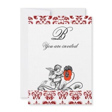 ANGEL PAINTING A RED FLOWER DAMASK MONOGRAM linen