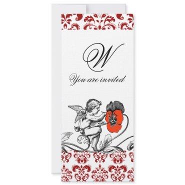 ANGEL PAINTING A RED FLOWER DAMASK MONOGRAM linen