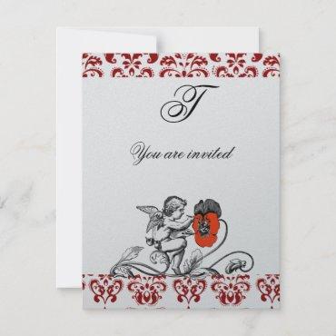 ANGEL PAINTING A RED FLOWER DAMASK MONOGRAM Silver