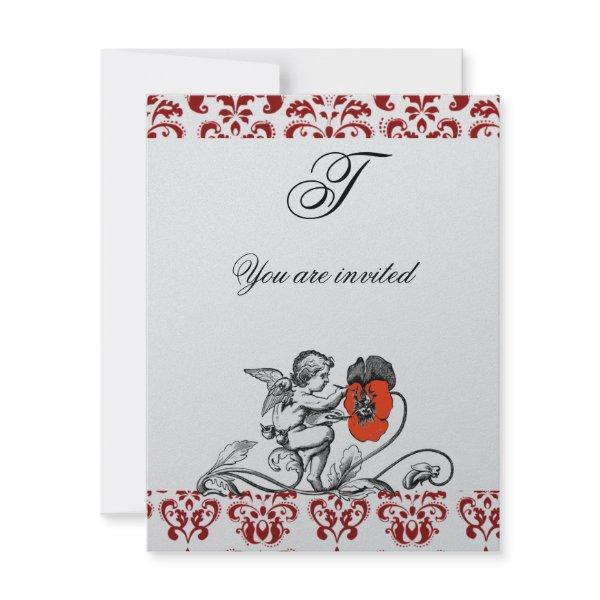 ANGEL PAINTING A RED FLOWER DAMASK MONOGRAM Silver