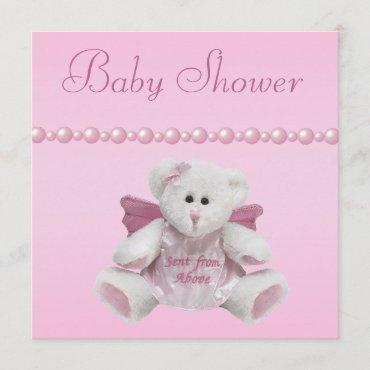 Angel Teddy, Baby Shoes & Pearls Baby Shower Invitation