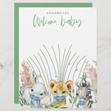 Animals in mask gender neutral welcome baby letterhead