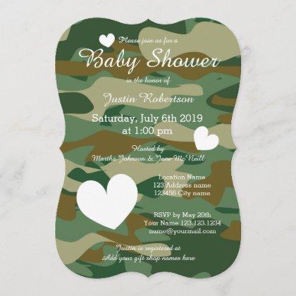 Army camo baby shower invitations with cute hearts