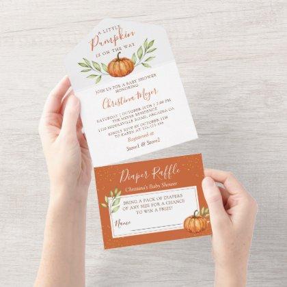 Autumn Greenery Pumpkin Baby Shower Diaper Raffle All In One Invitation