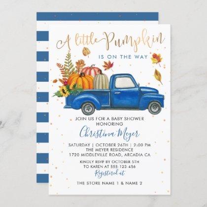 Autumn Pumpkin Blue Truck Fall Baby Shower Invitation