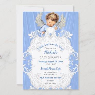 Baby Angel Blue Silver Light Skin Tone Invitation