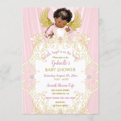 Baby Angel Pink Gold Girl African American Invitation