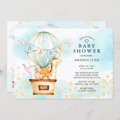Baby Animals Hot Air Balloon Baby Boy Shower Invitation