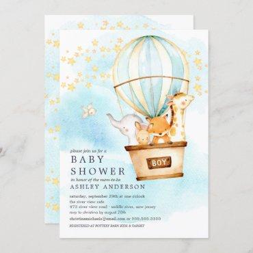 Baby Animals Hot Air Balloon Ride Baby Boy Shower Invitation
