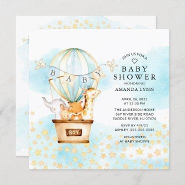 Baby Animals Hot Air Balloon Ride Boys Baby Shower Invitation