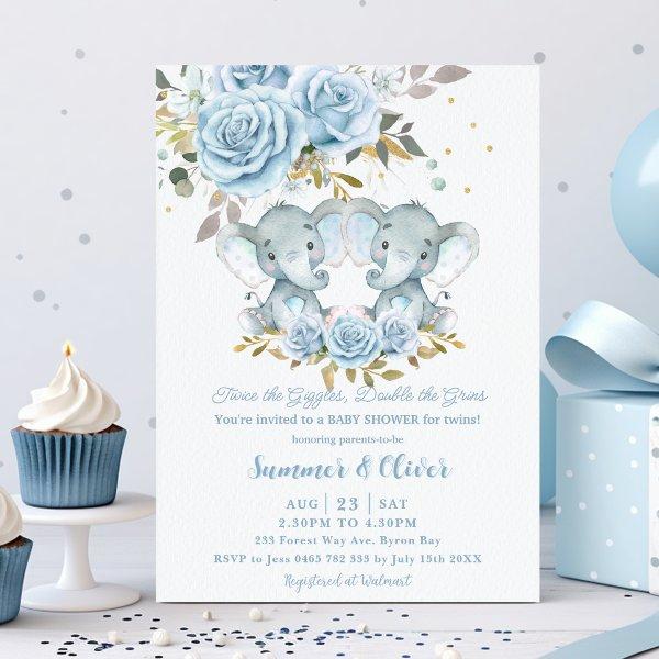 Baby Blue Floral Cute Elephants Twins