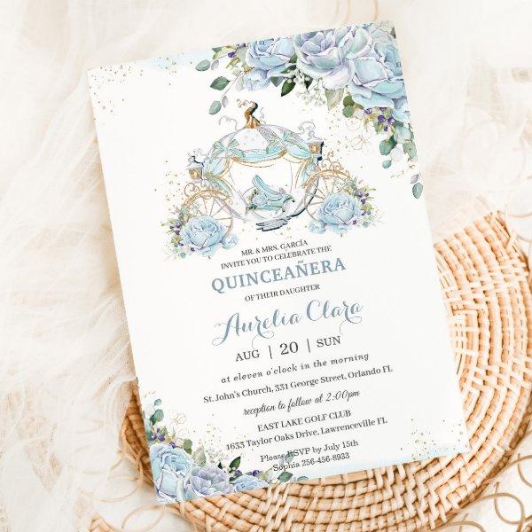 Baby Blue Floral Roses Princess Coach Quinceanera