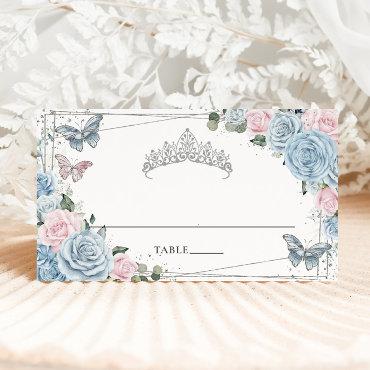 Baby Blue Soft Pink Floral Butterflies Quinceañera Place Card