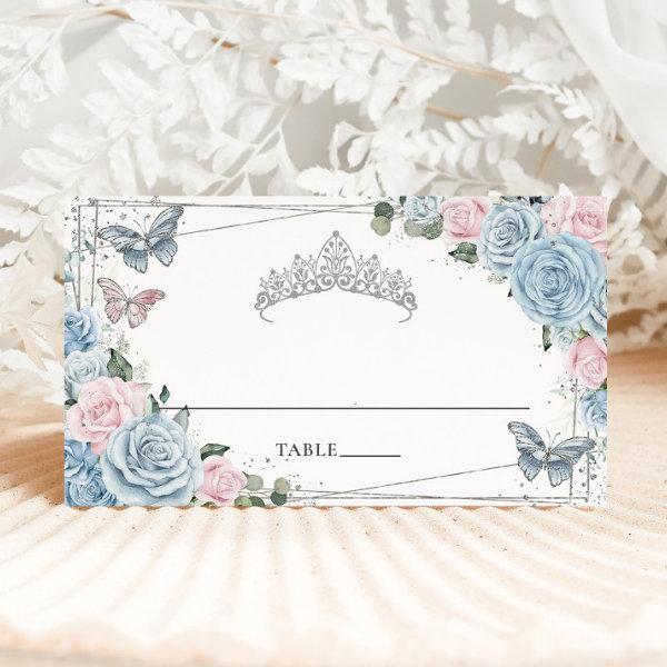 Baby Blue Soft Pink Floral Butterflies Quinceañera Place Card