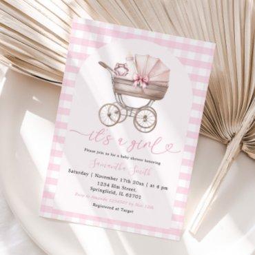 Baby Bottle Carriage Baby Shower Girl Pink Gingham