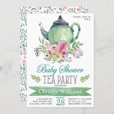 Baby Boy Baby Shower Tea Party Floral Watercolor