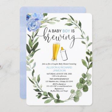 Baby Boy is Brewing greenery couples baby shower Invitation