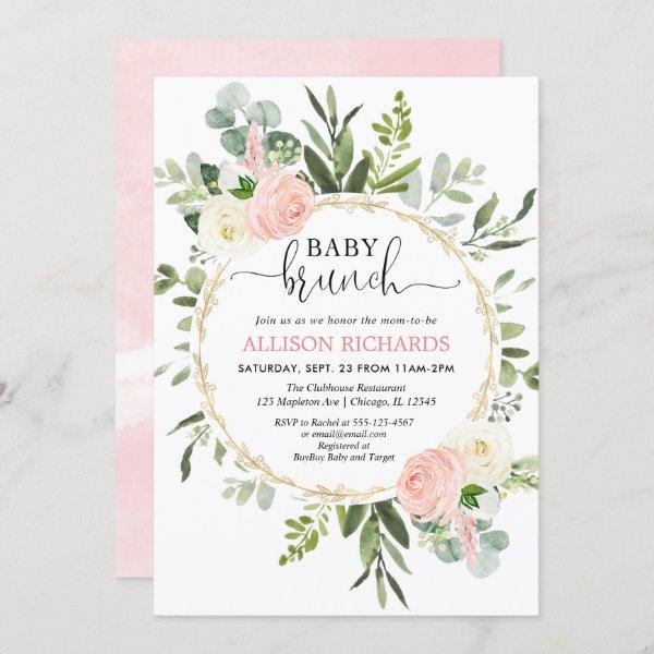 Baby brunch pink gold greenery girl baby shower invitation