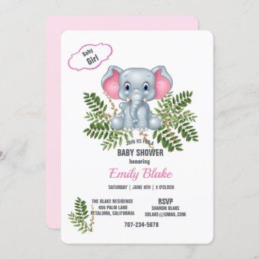 Baby Girl Elephant & Palms - Baby Girl Shower Invi Invitation
