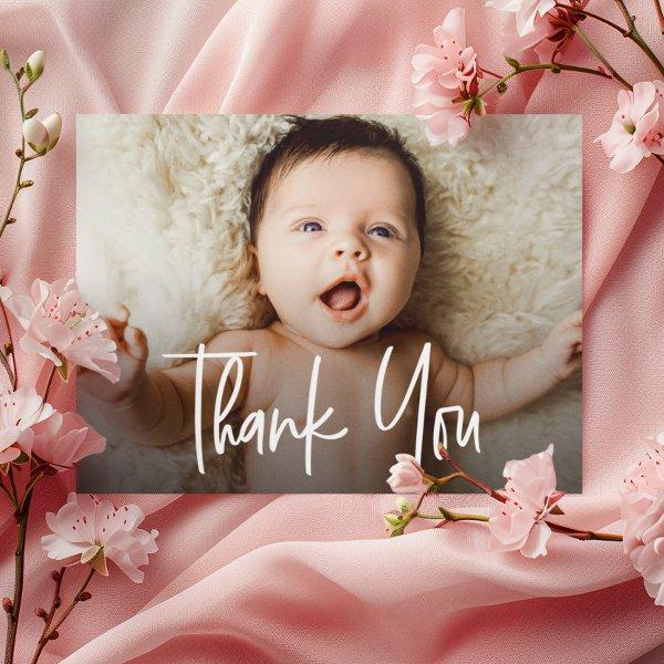 Baby Girl Horizontal Photo Handlettering script Thank You Card