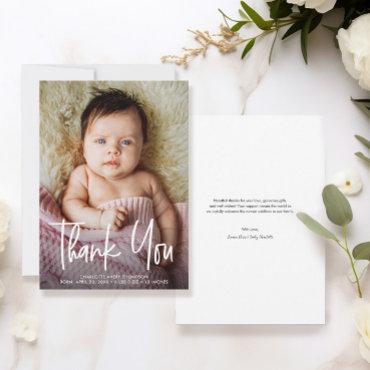 Baby Girl Photo Birth stats Modern Handlettering Thank You Card