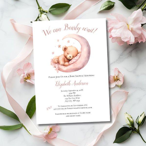 Baby Girl Pink Bear Moon Bearly Wait Baby Shower