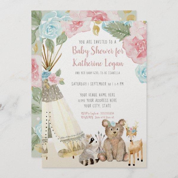 Baby Girl Shower Woodland Animal Floral Teepee