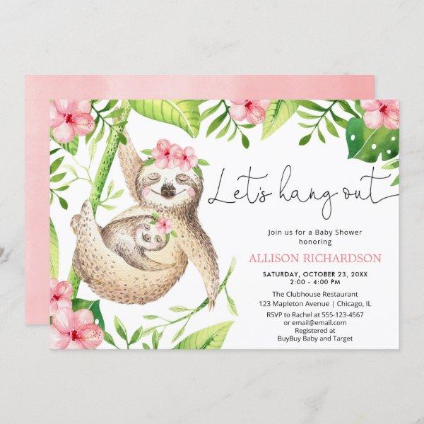 Baby girl sloth pink greenery tropical