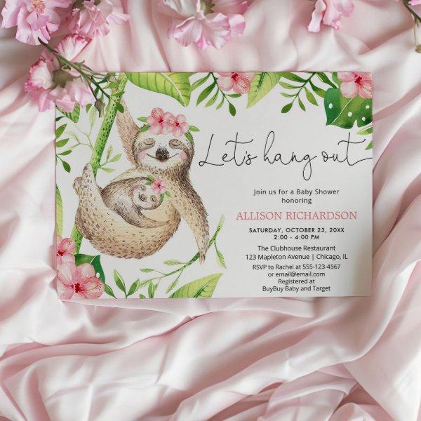 Baby girl sloth pink greenery tropical