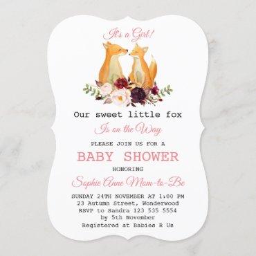 Baby Girl Sweet Fox Woodland Baby Shower Invitation
