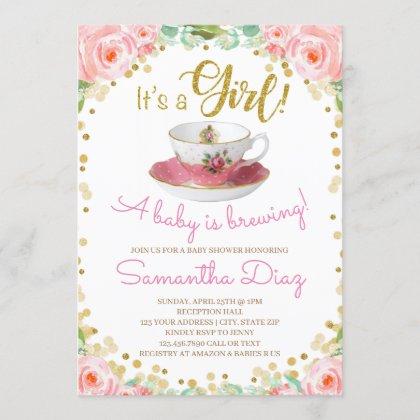 Baby is Brewing Tea Party Baby Shower Girl Pink Invitation