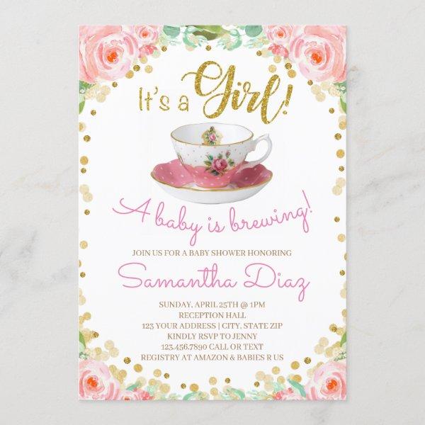 Baby is Brewing Tea Party Baby Shower Girl Pink
