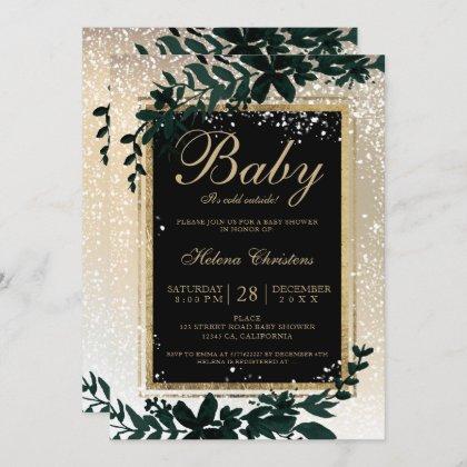 Baby it's cold outside gold typography leaf snow invitation