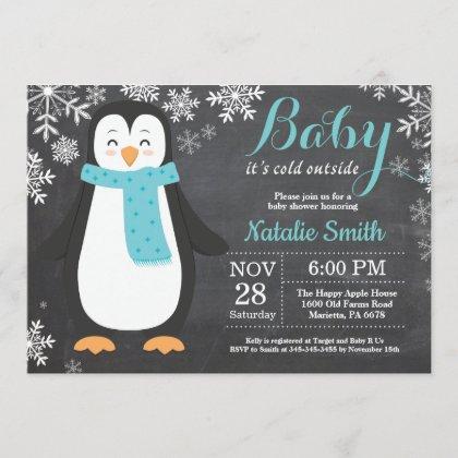 Baby its Cold Outside Penguin Aqua Baby Shower Invitation