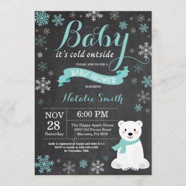 Baby Its Cold Outside Polar Bear Aqua Baby Shower Invitation