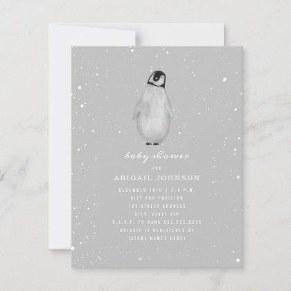 Baby Penguin Neutral Gray Baby Shower Invitation
