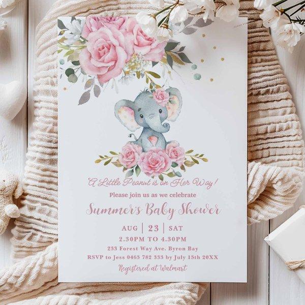 Baby Pink Floral Cute Elephant Girl