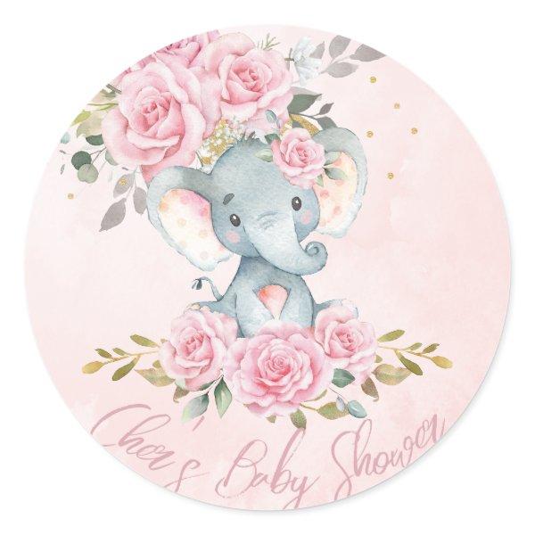 Baby Pink Floral Cute Elephants Twins Baby Shower Classic Round Sticker