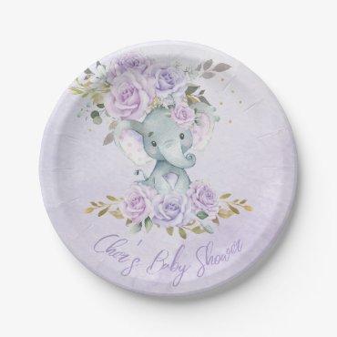 Baby Purple Floral Elephants Twins Baby Shower Paper Plates