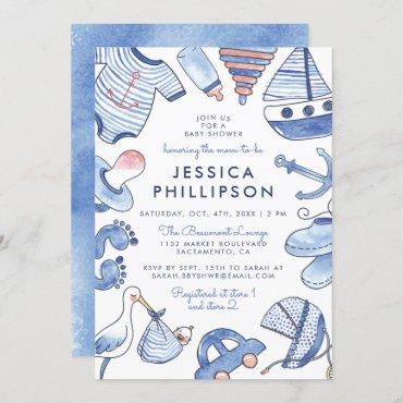 Baby Sailor | Blue Nautical Watercolor Baby Shower Invitation