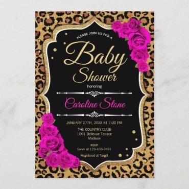 Baby Shower - Black Pink Gold Leopard Print Invitation