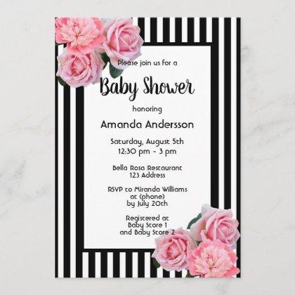 Baby Shower black white stripes pink flowers Invitation